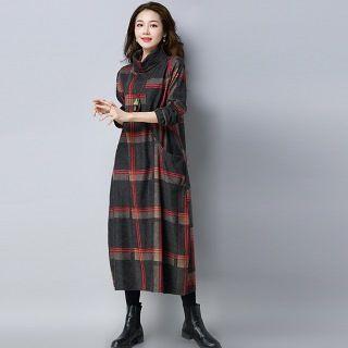 Plaid Fleece-lining Midi Dress