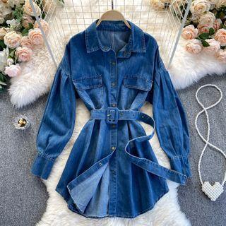 Lapel Off-shoulder Puff-sleeve Denim Top With Belt