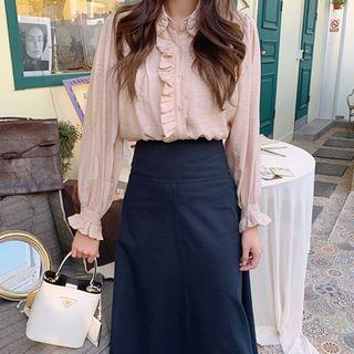 Frilled-trim Bell-cuff Pintuck Blouse