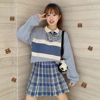 Color Block Long-sleeve Polo Shirt / Plaid Mini Pleated Skirt / Bow Tie / Set