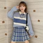 Color Block Long-sleeve Polo Shirt / Plaid Mini Pleated Skirt / Bow Tie / Set