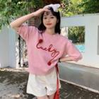 Short-sleeve Lettering Knit Top Pink - One Size