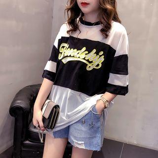 Elbow-sleeve Lettering Mesh Panel T-shirt
