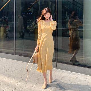 Pleated-shoulder Tie-waist Floral Dress Mustard Yellow - One Size