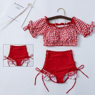 Set: Ruffled Plaid Cropped Swim Top + Drawstring Bottom