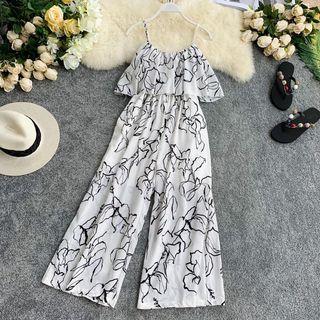 Printed Strappy Ruffle Trim Jumpsuit