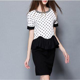 Set: Ruffle Hem Dotted Short Sleeve T-shirt + Plain Skirt