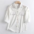 Short-sleeve Color Block Embroidered Pocket Shirt
