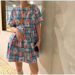 Contrast Plaid Flower Print Dress As Shown In Figure - One Size