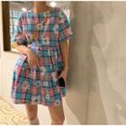 Contrast Plaid Flower Print Dress As Shown In Figure - One Size