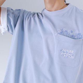 Pocket Front Floral Embroidered Oversized Tee