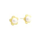 Sterling Silver Plated Gold Simple Flower Freshwater Pearl Stud Earrings Golden - One Size
