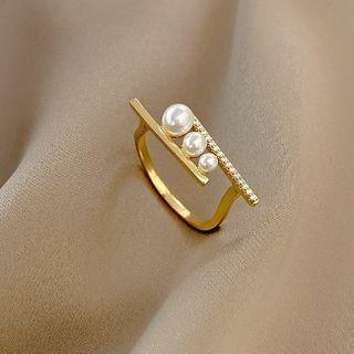 Faux Pearl Rhinestone Alloy Open Ring J519 - Gold - One Size