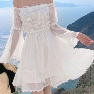 Long-sleeve Off-shoulder Embroidered Chiffon Dress