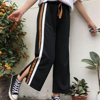 Contrast Trim Slit Wide-leg Pants