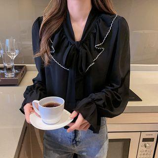 V-neck Long-sleeve Ruffle Collar Chiffon Blouse