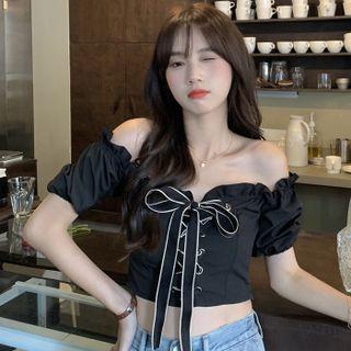 Off-shoulder Puff-sleeve Lace-up Crop Top