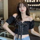 Off-shoulder Puff-sleeve Lace-up Crop Top
