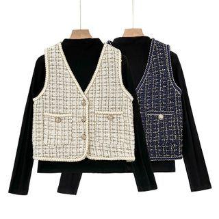 Long-sleeve Plain Mock-neck Top / Tweed Buttoned Vest