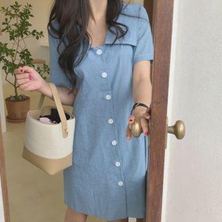 Short-sleeve Mini A-line Dress Blue - One Size