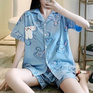 Loungewear Set : Short-sleeve Rabbit Print Shirt + Pants