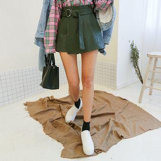 Belted Faux-leather Mini Wrap Skort