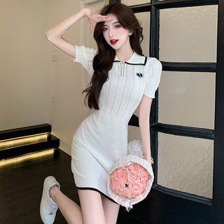 Short-sleeve Collar Heart Embroidered Knit Mini Sheath Dress