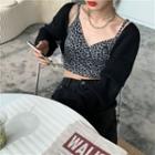 Plain Loose-fit Cardigan / Leopard Camisole Top