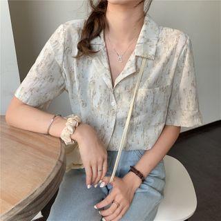 Elbow-sleeve Tie-dye Print Open-collar Shirt