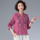 3/4-sleeve Floral Embroidered Linen Blend Blouse