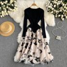 V-neck Knit Long-sleeve Panel Mesh Embroidered Dress