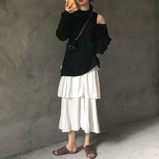 Mock Two-piece Mock Neck Sweatshirt / Midi Tiered Skirt