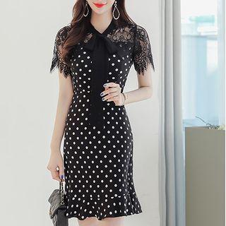 Lace Panel Dotted Mini Bodycon Dress