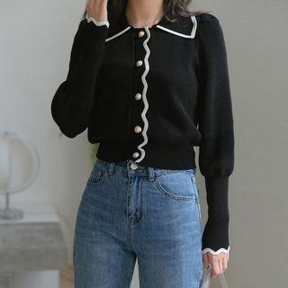 Faux-pearl Button Contrast-trim Cardigan Black - One Size
