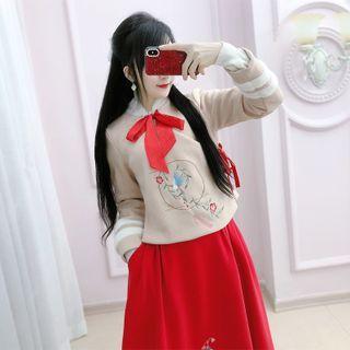 Set: Long-sleeve Embroidered Bow Fluffy Trim Top + Midi A-line Skirt
