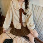 Cable-knit Cardigan / Plaid Mini Pleated Skirt / Plain Shirt