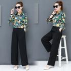 Set: Printed 3/4-sleeve Shirt + Wide-leg Pants