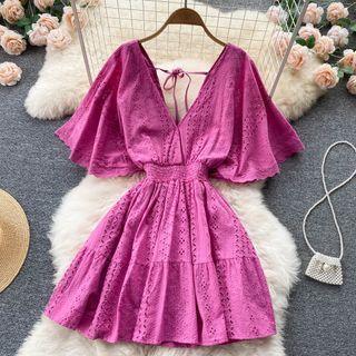 Short-sleeve V-neck Eyelet Lace Mini A-line Dress