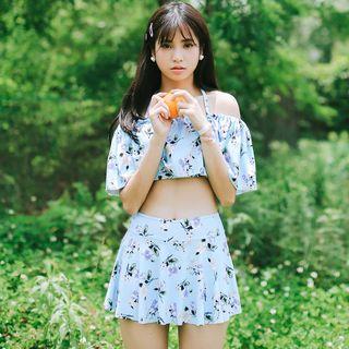 Set: Floral Print Off Shoulder Tankini Top + Swimskirt