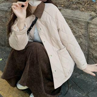 Contrast Collar Quilted Jacket / Midi A-line Skirt