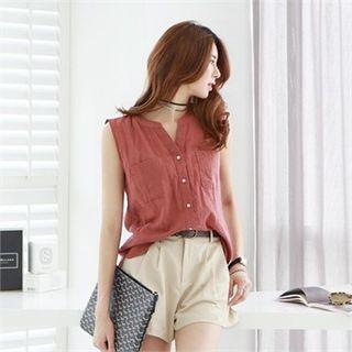 Sleeveless Dual-pocket Linen Blend Blouse