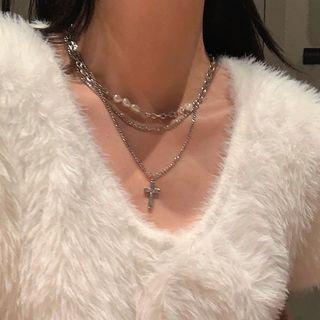 Cross Faux Pearl Layered Necklace Silver - One Size
