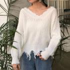 V-neck Asymmetrical Hem Sweater White - One Size