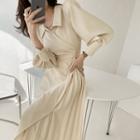 Balloon-sleeve Pleated-panel Long Wrap Dress