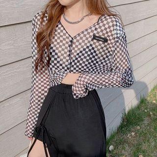 Long-sleeve Plaid Mesh Cardigan Top - One Size