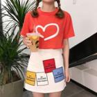 Set: Heart Print Short-sleeve T-shirt + Patchwork A-line Skirt