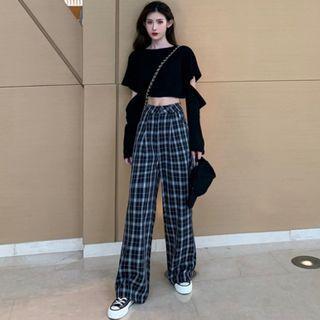 Cut Out Long-sleeve T-shirt / Plaid Straight Fit Pants