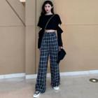 Cut Out Long-sleeve T-shirt / Plaid Straight Fit Pants