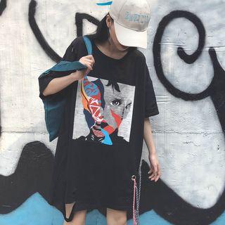 Ripped Oversized Printed Elbow-sleeve T-shirt