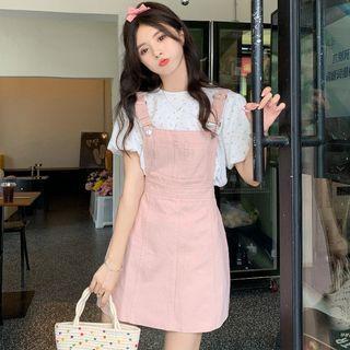 Puff-sleeve Floral Blouse / Plain Jumper Dress